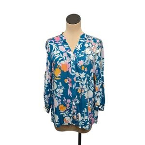 Vineet Bahl Shirt Womens 8 Blue Floral V-Neck Long Sleeve Boho Embroidered‎
